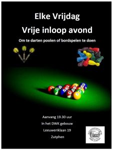 Vrije inloop met darten, poolen en gezelschapsspellen